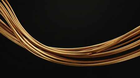 A stunning visual of flowing golden metal wires against a dark background, perfect for artistic projects, modern designs, or minimalistic themes, evoking elegance and creativity.の素材