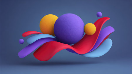 Colorful abstract design featuring 3D shapes and smooth waves on a soft blue backdrop, perfect for modern visuals, art projects, and creative presentations.の素材