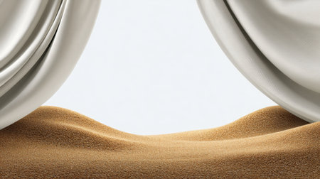 This image features soft fabric drapes framing a smooth sand dune, creating a minimalist and calming atmosphere with contrasting textures and neutral colors.の素材