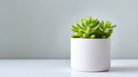 A vibrant green succulent plant in a sleek white pot adds a touch of nature and freshness to modern home spaces, promoting a serene and stylish atmosphere.の素材