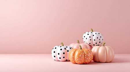 This image features a delightful collection of decorative pumpkins in pastel colors and polka-dot patterns, set against a soft pink backdrop. Ideal for autumn themes.の素材
