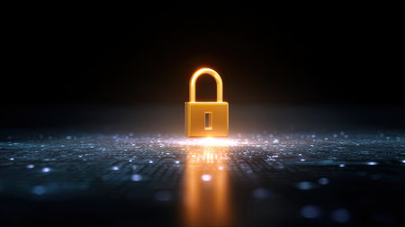 A golden padlock symbolizes security and protection in the digital realm, placed on a glowing surface with data elements, showcasing advanced technology and cyber safety.の素材