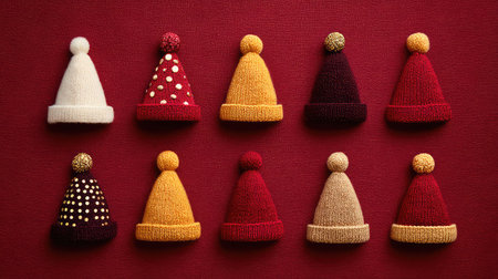 This vibrant arrangement showcases a series of colorful knit caps on a warm red background, perfect for capturing the essence of winter festivities and celebrations with style.の素材