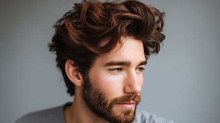 A young man exuding confidence with wavy hair and a beard, captured in a serene close-up. Ideal for fashion, lifestyle, or beauty contexts, evoking modern aesthetics.の素材