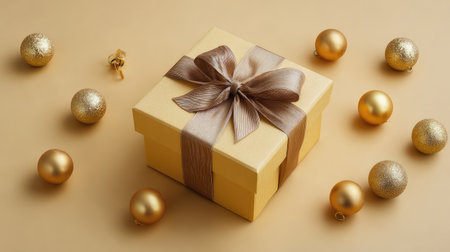A stunning golden gift box with a luxurious ribbon, beautifully placed among sparkling golden ornaments, ideal for creating a festive and elegant atmosphere during special celebrations.の素材