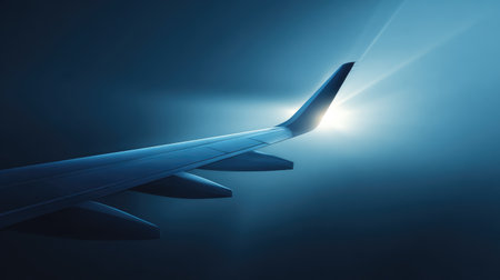 A stunning image showcasing an airplane wing cutting through the atmosphere, illuminated by serene light, captures the essence of travel and exploration from high above the clouds.の素材