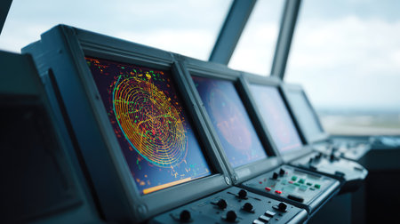 A close-up view of radar screens in an air traffic control tower showcasing bright colors and advanced technology essential for navigation and monitoring.の素材