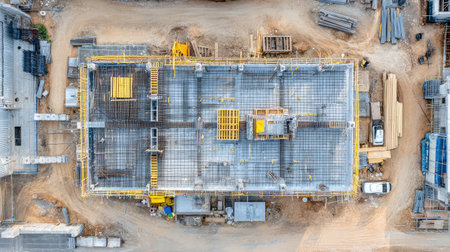Aerial perspective of an active construction site highlighting steel structures, machinery, and materials, showcasing the dynamic process of urban development and site organization.の素材