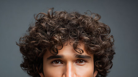 This captivating portrait captures a young man with beautiful curly hair and a thoughtful expression, showcasing natural features and a serene mood in a professional studio setting.の素材