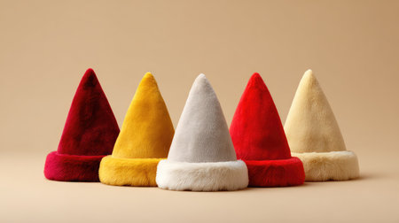 A charming display of colorful pointed hats on a soft beige background, perfect for adding a touch of fun and festivity to any seasonal celebration or creative project.の素材