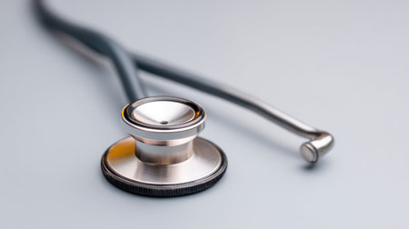 A detailed close-up of a silver stethoscope resting on a light surface, highlighting its sleek design and fundamental role in medical examinations and patient care.の素材