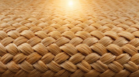 This image showcases a close-up view of woven natural fibers, capturing intricate patterns and textures illuminated by warm light, perfect for design and home decor themes.の素材