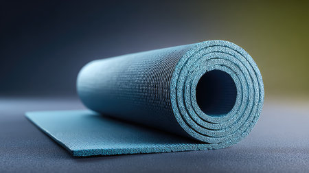 This image showcases a rolled blue yoga mat, emphasizing its texture and color. Perfect for workouts, meditation, and enhancing wellness practices in various settings.の素材