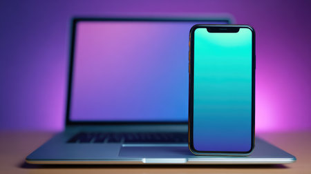 A sleek smartphone stands prominently in front of a laptop, both featuring a captivating gradient design, symbolizing the blend of modern technology and creativity in digital communication.の素材