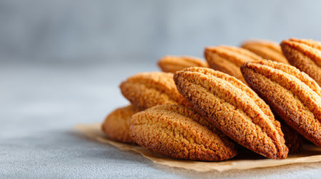 A delightful arrangement of golden brown almond-shaped cookies resting on a creamy surface, showcasing a soft focus background, perfect for culinary and baking inspiration.の素材