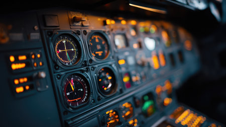 Detailed view of an aircraft cockpit highlighting intricate gauges and vibrant warning lights, showcasing the complexity of flying and advanced navigation systems.の素材
