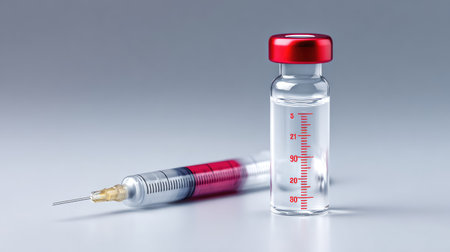 A detailed close-up shot of a syringe and a vial filled with clear liquid, set against a soft gray background, highlighting essential elements of healthcare and medical procedures.の素材
