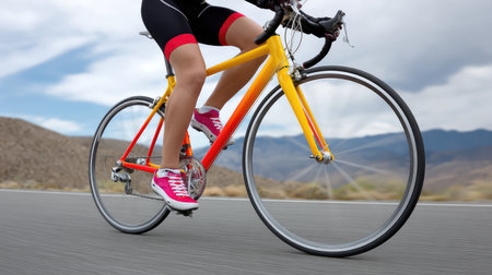A dynamic image of a cyclist in motion on a yellow and orange bicycle, highlighting the joy of outdoor fitness against a dramatic mountain backdrop.の素材