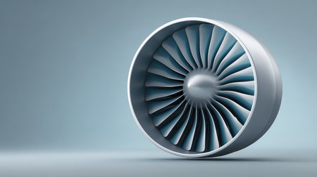 A detailed close-up of a turbine engine showcasing its intricate blade design, highlighted by soft lighting against a minimalist gray background, suitable for aviation and technology themes.の素材