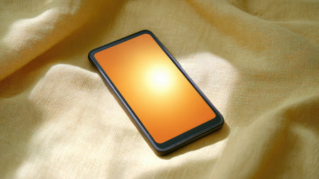 A modern smartphone lies on a soft fabric surface, illuminated by natural light, showcasing a vibrant orange background, perfect for technology and lifestyle concepts.の素材