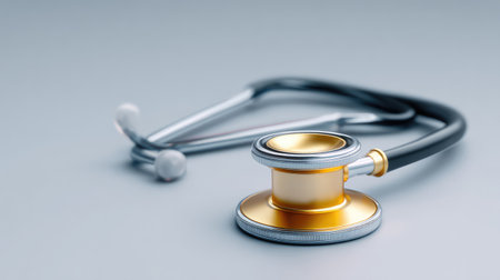 This close-up image features a stylish golden stethoscope resting on a smooth surface, symbolizing modern healthcare and medical professionalism in a contemporary design.の素材