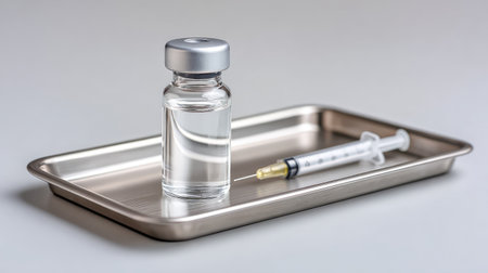 A sleek glass vial filled with liquid medication is placed next to a syringe on a stainless steel tray, emphasizing themes of healthcare and medical preparation in a sterile environment.の素材