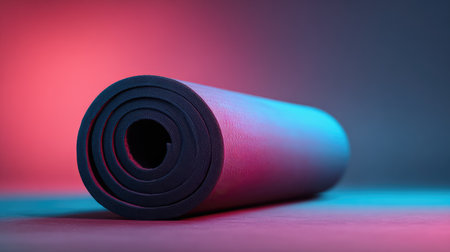 A close-up shot of a rolled yoga mat showcases vibrant colors and highlights the essence of fitness, relaxation, and meditation for wellness-focused individuals.の素材