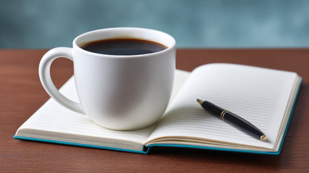 A serene composition featuring a white coffee mug, an open notebook with blank pages, and a pen on a wooden table, perfect for capturing moments of creativity and productivity.の素材