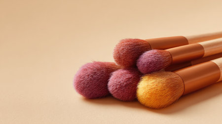 A close-up view of an arrangement of professional makeup brushes on a soft peach background, highlighting the rich textures and vivid colors for beauty and cosmetic photography.の素材
