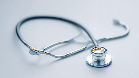 A detailed close-up of a stethoscope lies on a clean surface, representing the essential role of this instrument in healthcare, patient diagnosis, and medical assessments.の素材