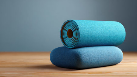 Soft yoga mats in tranquil blue shades placed on a wooden surface create a serene and inviting atmosphere for yoga or relaxation routines. Perfect for wellness spaces.の素材