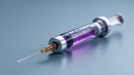 A meticulously detailed close-up shot of a syringe containing a vibrant purple liquid, set on a smooth surface, suitable for various medical and healthcare themes.の素材