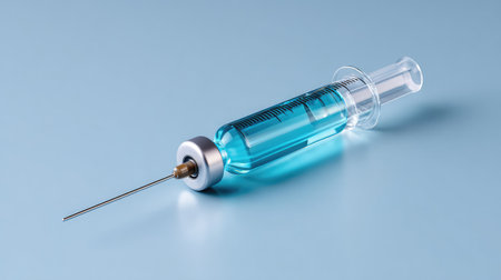 A detailed close-up of a medical syringe filled with clear blue fluid resting on a soft blue background, symbolizing themes of vaccination, medical treatment, and healthcare safety.の素材