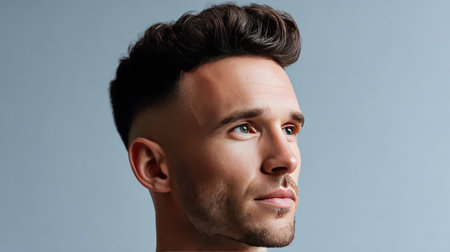 A captivating portrait of a young man with a modern hairstyle, featuring a confident expression against a soft blue back drop, perfect for showcasing grooming and fashion themes.の素材