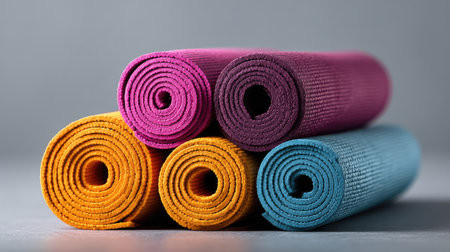 A visually appealing arrangement of four colorful yoga mats, illustrating vibrant hues of pink, purple, orange, and blue, ideal for fitness enthusiasts and wellness activities.の素材