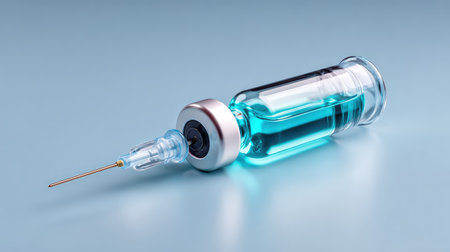 A transparent glass vial filled with a blue liquid is accompanied by a syringe, symbolizing medical treatments and vaccination processes in healthcare settings.の素材