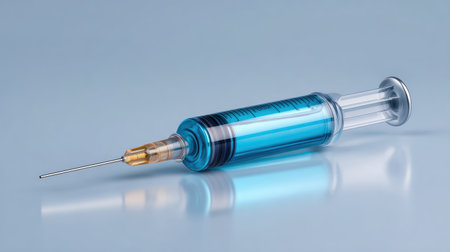 A close-up image of a blue-filled syringe on a light background, highlighting its importance in vaccination and medical procedures, symbolizing healthcare and safety in medicine.の素材