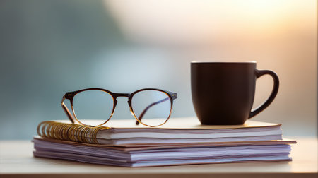 A serene desk setup featuring eyeglasses, a black mug, and stacked notebooks, bathed in soft morning light, perfect for themes of relaxation and productivity.の素材