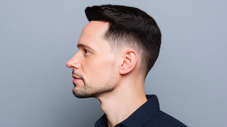 Stylish profile portrait of a man showcasing modern grooming with a clean haircut and sharp features against a gray background, exuding confidence and elegance.の素材