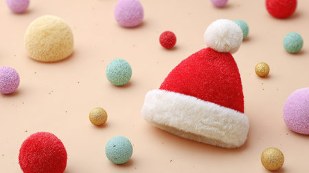 A charming red Santa hat rests on a soft beige surface, playfully surrounded by various colorful decorative balls, evoking a joyful holiday spirit and festive atmosphere.の素材