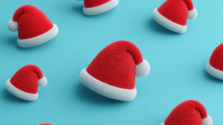 A collection of soft, red Santa hats on a vibrant blue background, perfect for conveying festive spirit and celebrating the joy of the holiday season. Ideal for various holiday projects.の素材