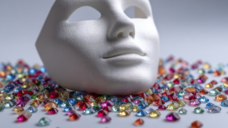 A white mask lies atop a stunning arrangement of colorful gemstones, evoking creativity and artistic expression through a mesmerizing play of light and color.の素材