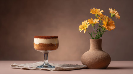 A beautifully arranged dessert featuring tiramisu in a glass, complemented by a rustic vase of yellow flowers. Perfect for culinary presentations and home decor inspiration.の素材