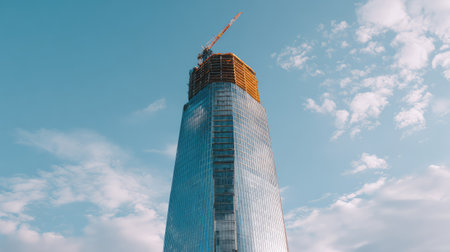 A stunning view of a modern skyscraper under construction with a bright blue sky and scattered clouds, highlighting the intricate details of architectural progress in a bustling urban landscape.の素材