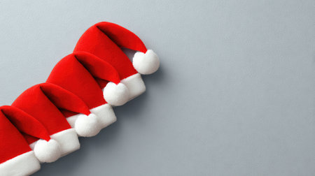 This image features a row of vibrant red Santa hats with soft white trim, perfect for bringing a cheerful holiday spirit to any festive occasion or decoration.の素材