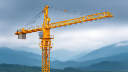 A striking yellow crane is prominently situated against a backdrop of mountains and cloudy skies, ideal for themes of construction and industrial development in stock images.の素材