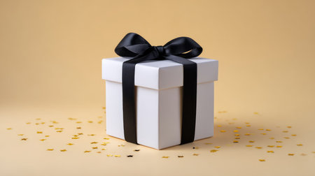 This image features an elegant white gift box tied with a black ribbon, artfully placed on a soft yellow background adorned with festive confetti, perfect for celebrations.の素材