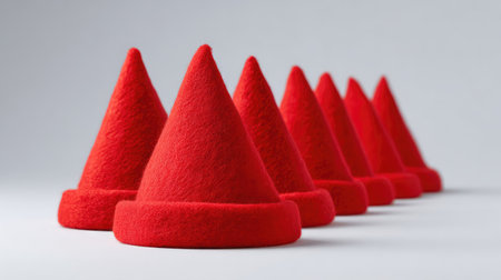 A striking arrangement of bright red cone-shaped hats set against a neutral background, ideal for conveying festive spirit and holiday cheer in various creative projects.の素材