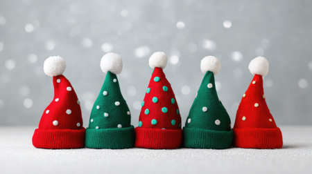 A cheerful arrangement of colorful Christmas hats with polka dots sits against a snowy background, capturing the festive spirit of the holiday season for joyful celebrations.の素材