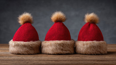 A set of three charming red winter hats with fur trim and pom poms arranged on a rustic wooden surface, ideal for holiday decoration and festive photography.の素材